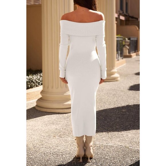 Women's Off Shoulder Bodycon Sweater Dress Long Sleeve Party Midi Dress White - Picture 4 of 9